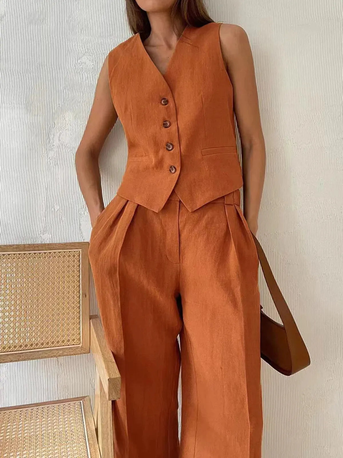 Conjunto de Lino Amplio Sin Mangas para Mujeres con Escote en V y Botones Frontal