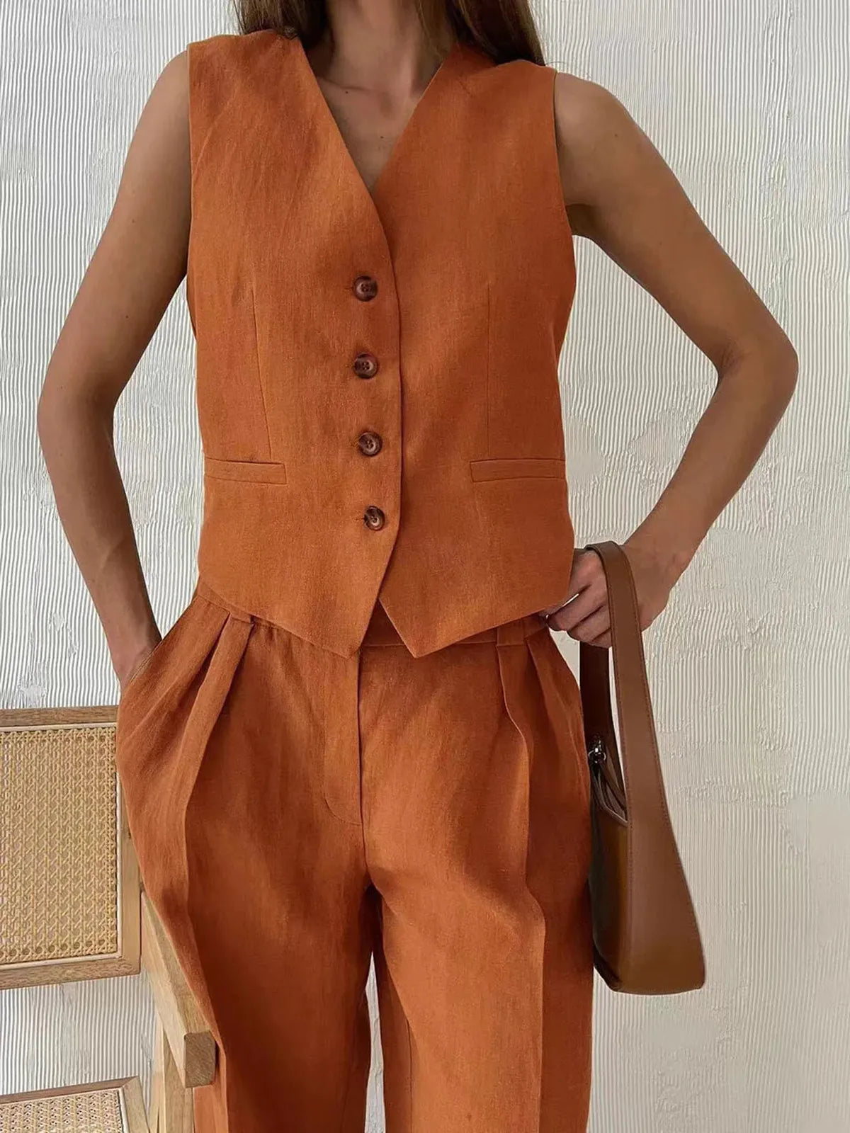 Conjunto de Lino Amplio Sin Mangas para Mujeres con Escote en V y Botones Frontal