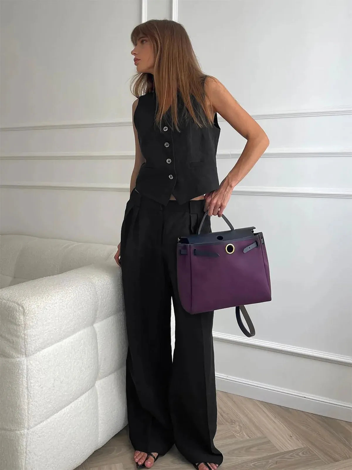 Conjunto de Lino Amplio Sin Mangas para Mujeres con Escote en V y Botones Frontal