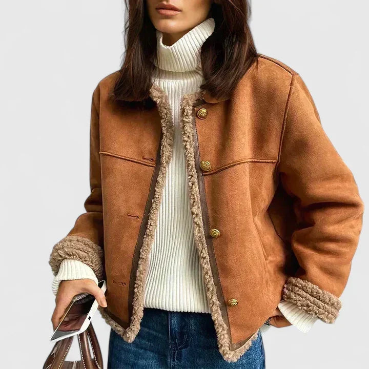 Chaqueta de Piel Suede Marrón Elegante para Mujeres con Cuello Redondo, Manga Larga, Botones Frontal, Estilo Corto