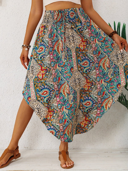 Falda Maxi Paisley Multicolor Sin Esfuerzo para Mujeres con Cintura Alta, Cuerda Ajustable y Dobladillo Asimétrico Estilo Bohemio