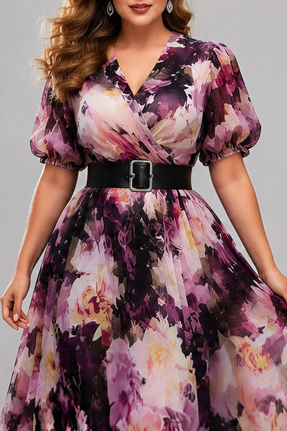 Elegante Vestido Maxi Floral Púrpura para Mujeres con Escote en V, Mangas Abullonadas y Cinturón para Invitadas de Boda