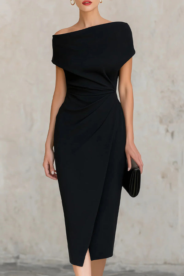 Vestido Midi Elegante Drapado para Mujeres con Escote Asimétrico, Manga Corta y Estilo de Cóctel con Fruncido