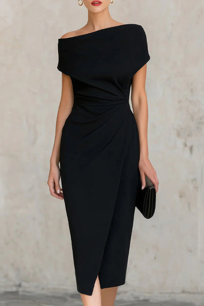 Vestido Midi Elegante Drapado para Mujeres con Escote Asimétrico, Manga Corta y Estilo de Cóctel con Fruncido