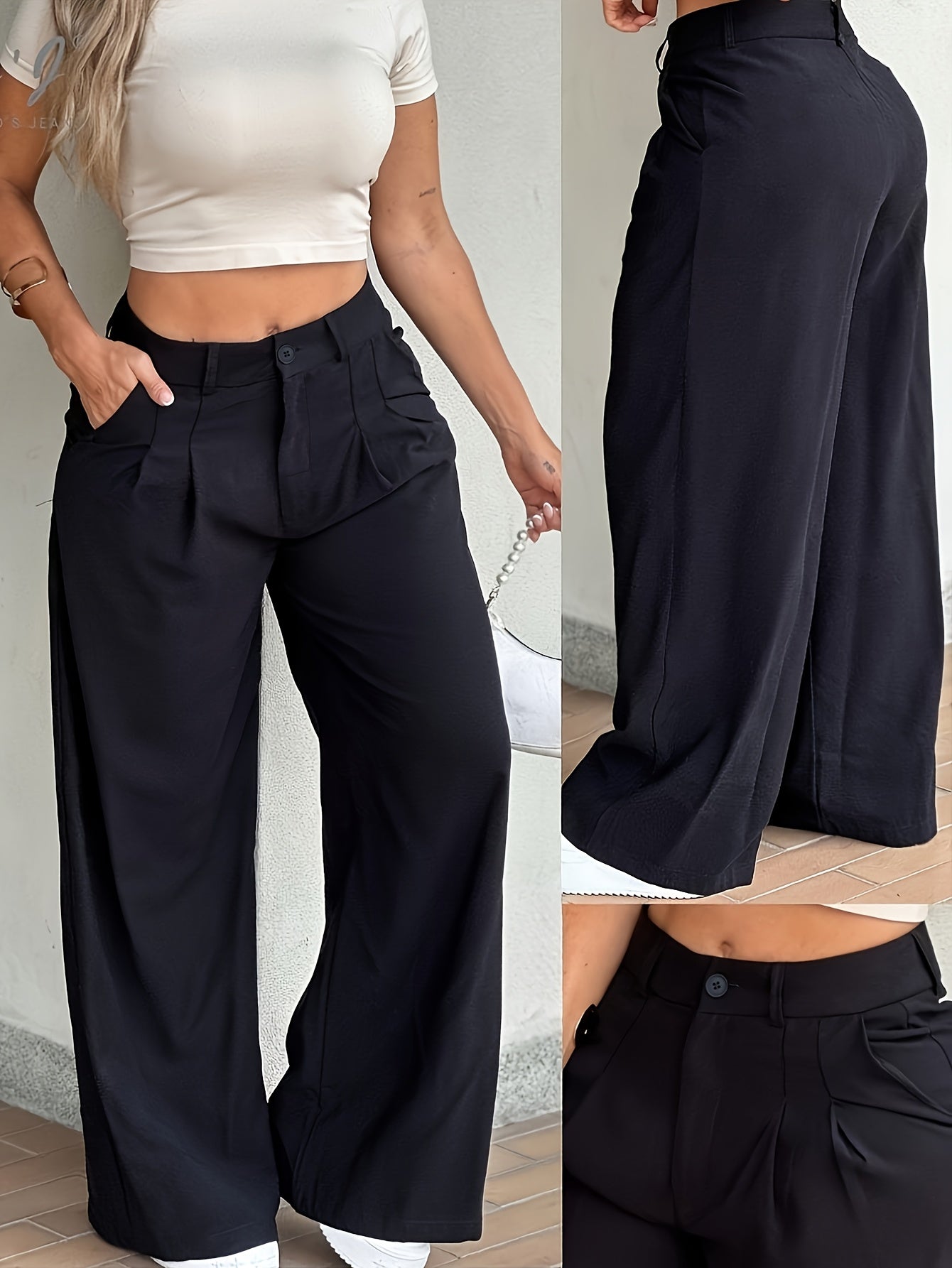 Pantalones de Pierna Ancha Sin Esfuerzo para Mujeres con Cintura Alta y Frente Plisado Estilo Casual Relajado