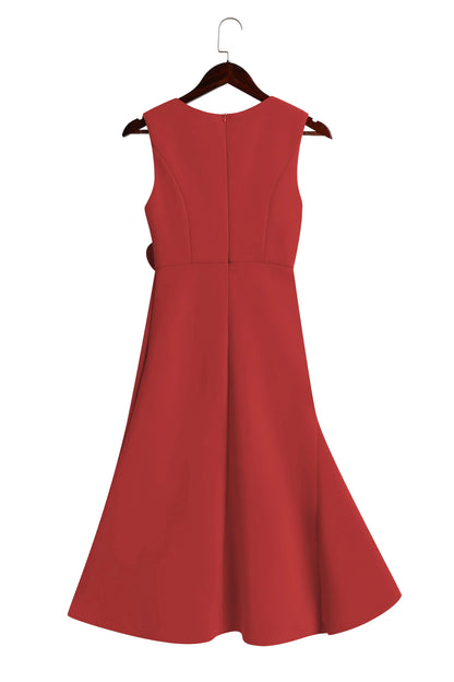 Vestido Midi Elegante con Drapé para Mujeres con Escote Barco, Sin Mangas y Bajo con Volantes Asimétricos Estilo Cóctel