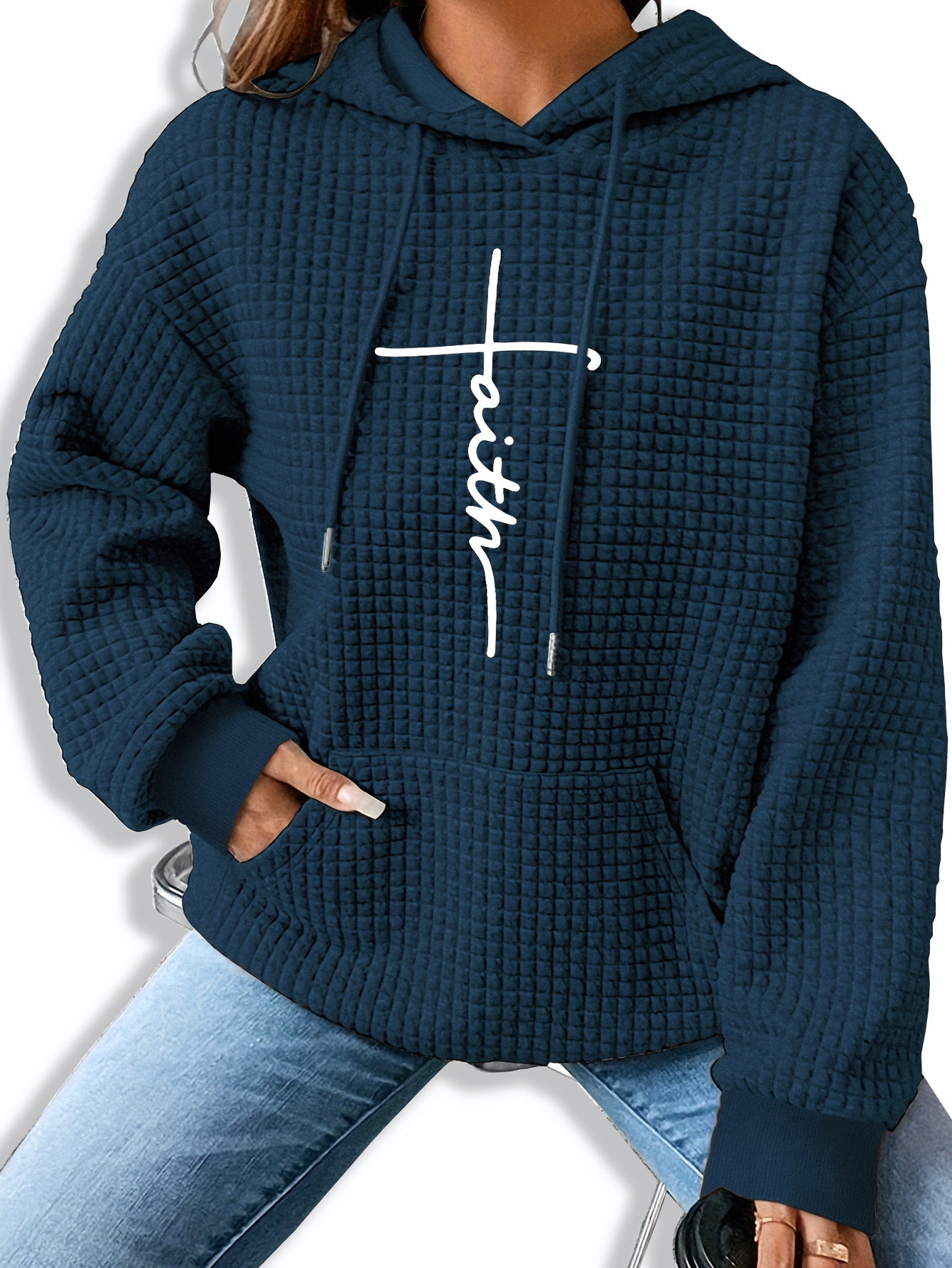 Sudadera gráfica de punto waffle cómoda para mujeres con capucha ajustable, de manga larga y estilo oversized