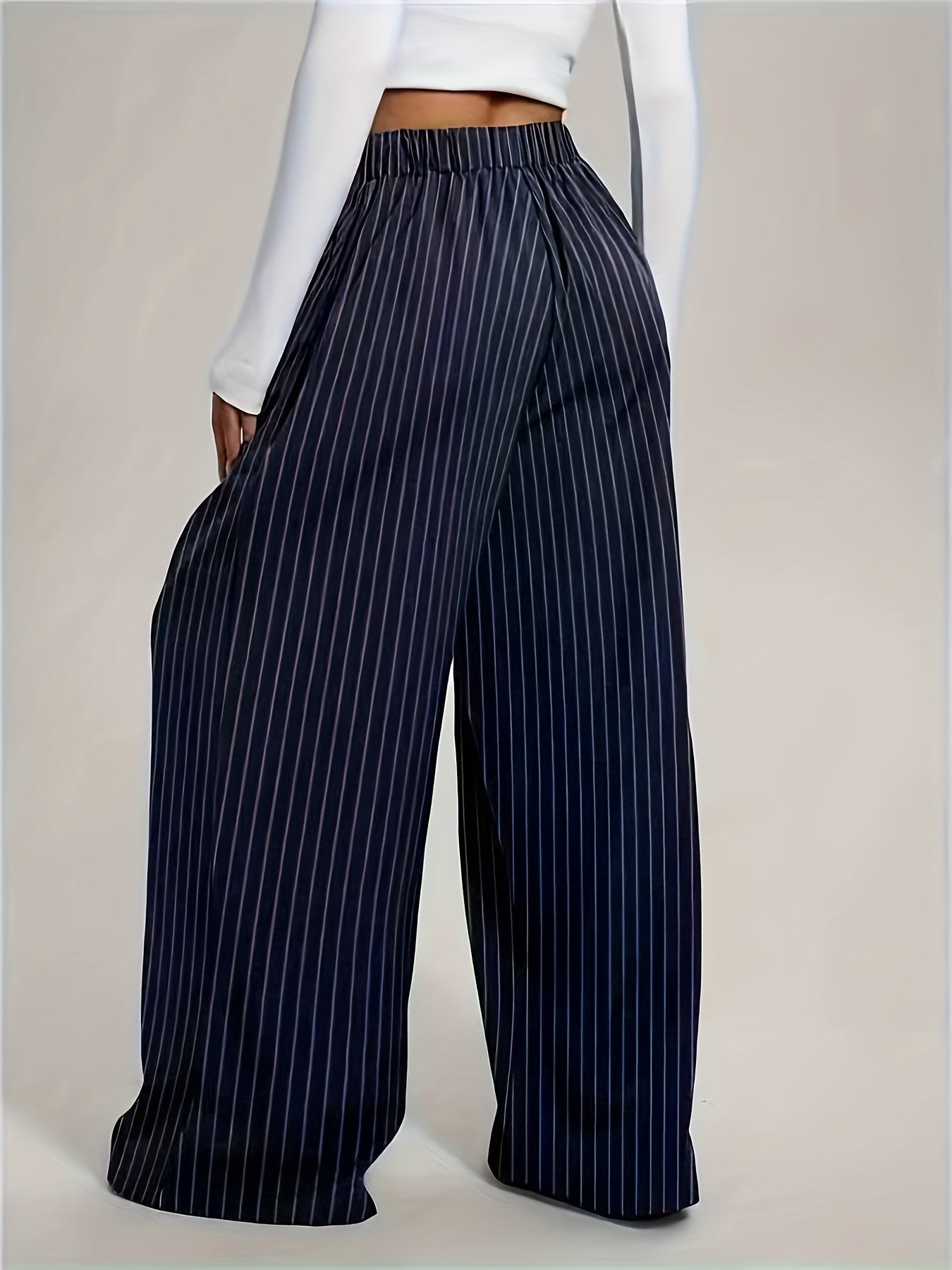 Pantalones Anchos de Rayas Marineras para Mujeres con Cintura Alta y Estilo Casual Plisado Sin Esfuerzo