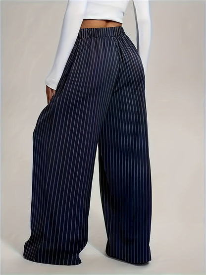 Pantalones Anchos de Rayas Marineras para Mujeres con Cintura Alta y Estilo Casual Plisado Sin Esfuerzo