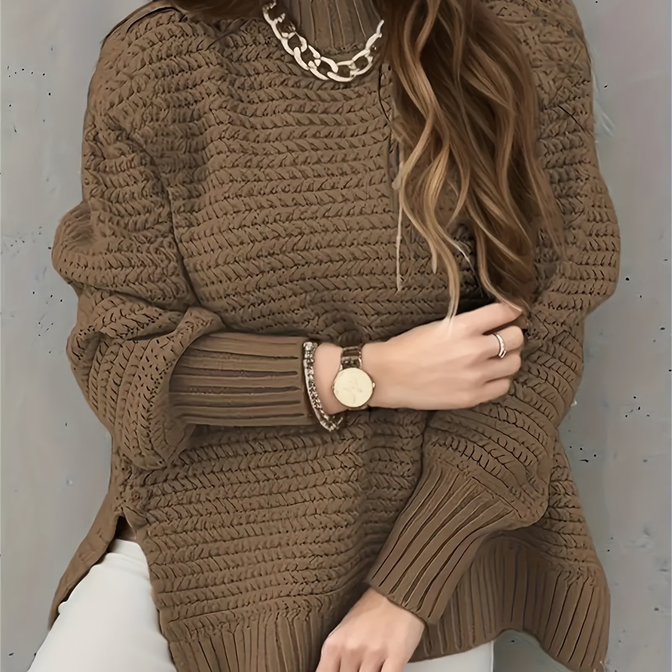 Suéter de Punto Texturizado Cómodo para Mujeres con Cuello Alto y Manga Larga en Estilo Relajado y Oversized