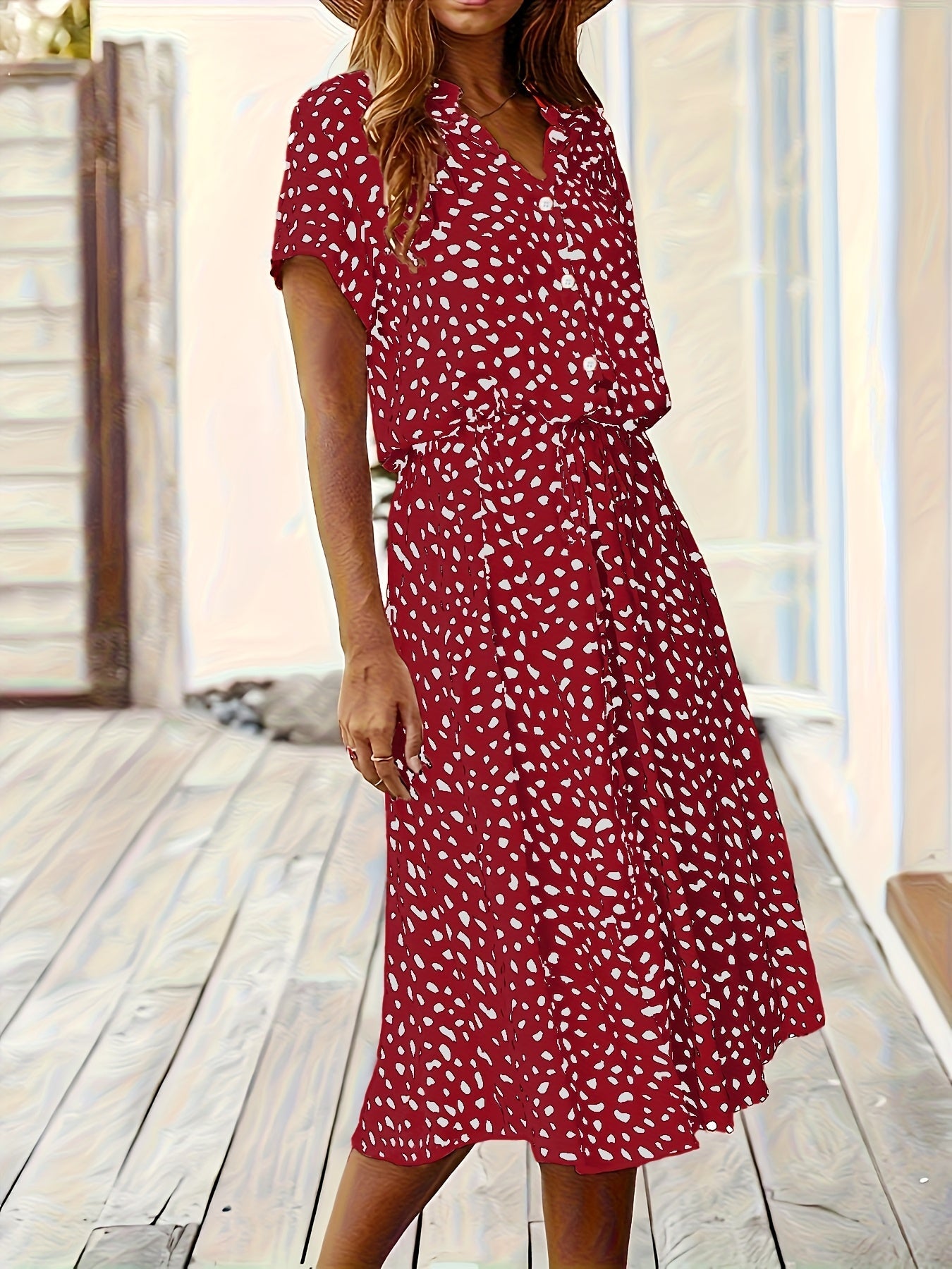 Vestido Midi de Lunares Multicolor sin Esfuerzo para Mujeres con Cuello, Manga Corta, Botones en el Frente y Cintura Ajustable Estilo Casual