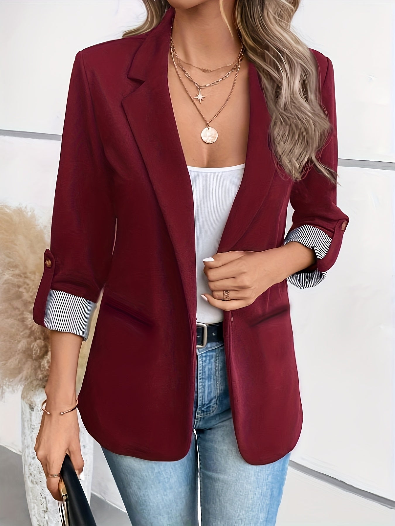 Blazer Sin Esfuerzo para Mujeres con Cuello de Solapa, Manga Larga, Puño Rayado, Estilo Casual