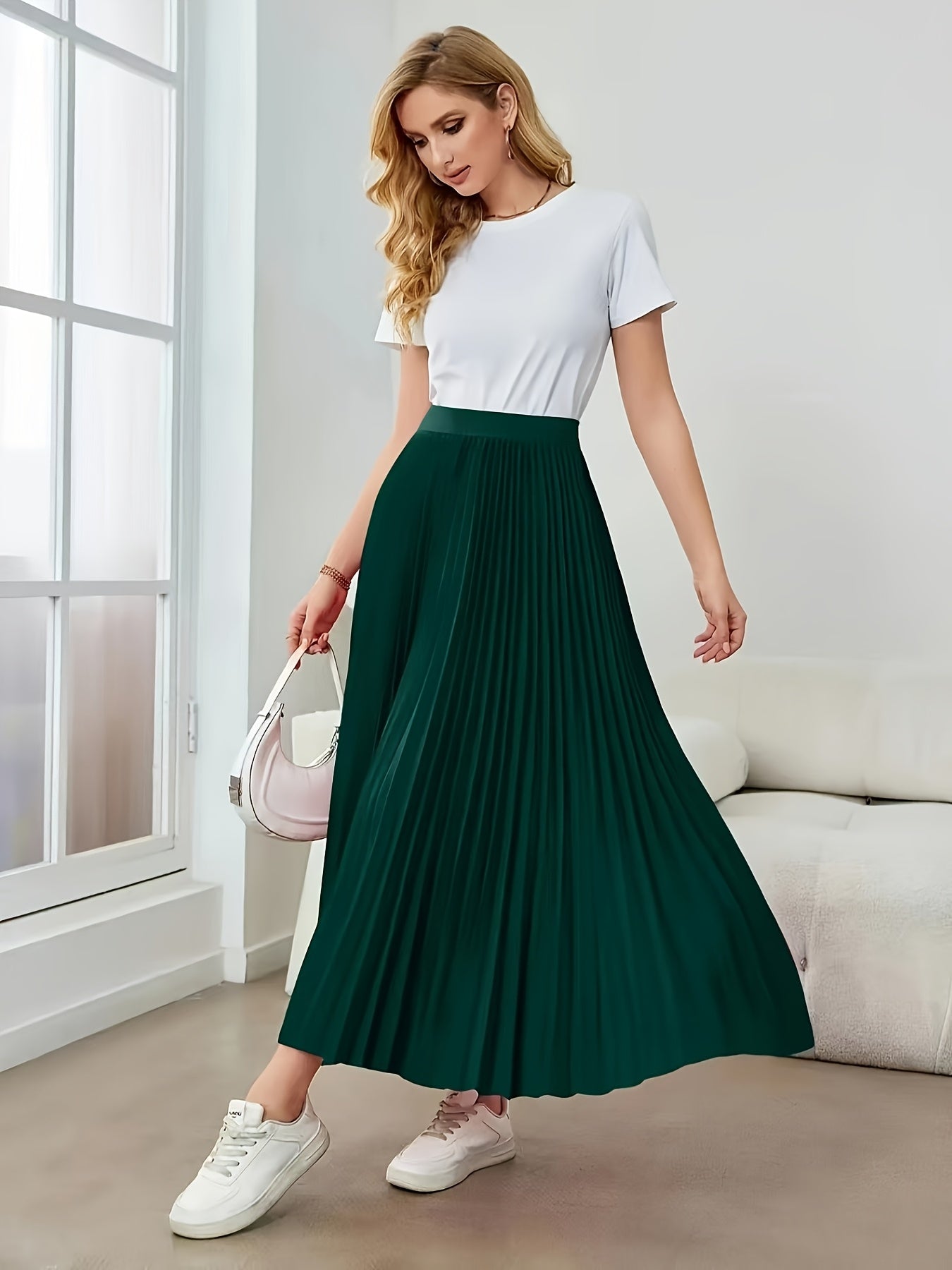 Elegante Falda Maxi Plisada Verde Oscuro para Mujeres con Cintura Alta Estilo A Linea Fluida