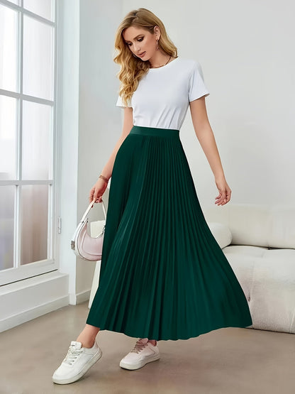 Elegante Falda Maxi Plisada Verde Oscuro para Mujeres con Cintura Alta Estilo A Linea Fluida