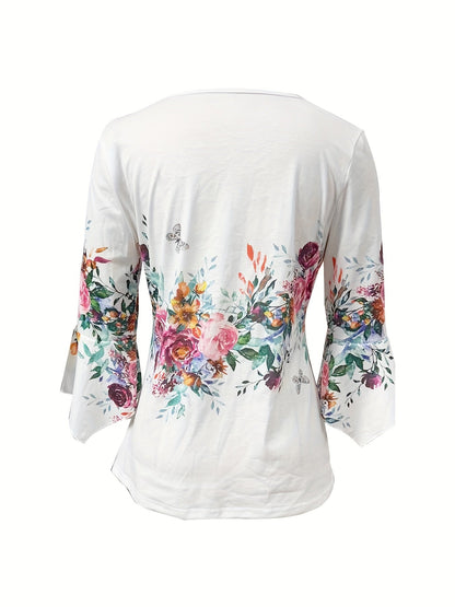Blusa Floral Blanca Elegante para Mujeres con Cuello en V, Mangas de Campana y Estilo Fluido