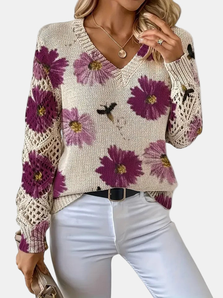 Suéter de Ganchillo Floral Cómodo para Mujeres con Cuello en V y Mangas de Globo, Estilo Oversized