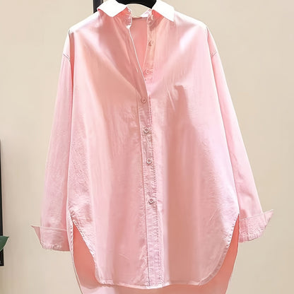 Blusa de Algodón Sin Esfuerzo para Mujeres con Cuello de Punto, Manga Larga, Estilo Oversized y Bajo Irregular