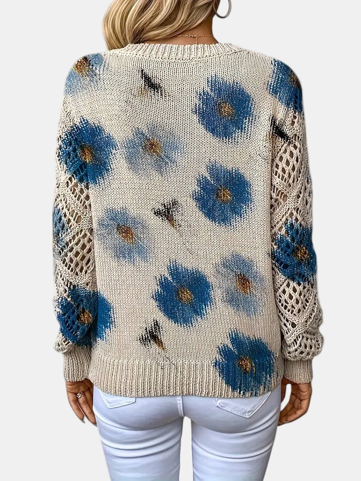 Suéter de Ganchillo Floral Cómodo para Mujeres con Cuello en V y Mangas de Globo, Estilo Oversized