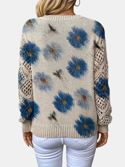 Suéter de Ganchillo Floral Cómodo para Mujeres con Cuello en V y Mangas de Globo, Estilo Oversized