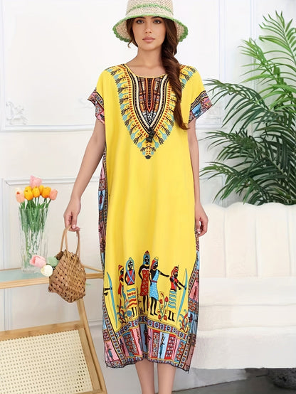 Vestido Kaftán de Impresión Tribal Sin Esfuerzo para Mujeres con Escote en V y Manga Corta Estilo Bohemio