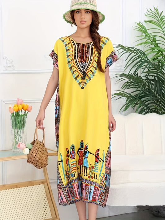 Vestido Kaftán de Impresión Tribal Sin Esfuerzo para Mujeres con Escote en V y Manga Corta Estilo Bohemio