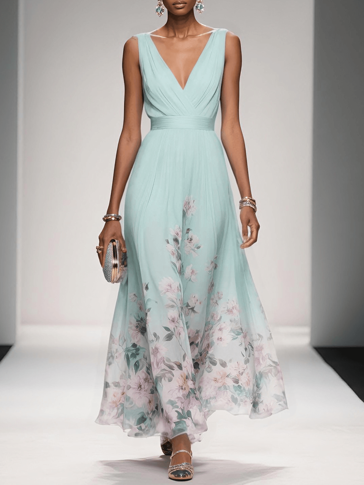 Elegante Vestido Maxi Floral para Mujeres con Escote en V Sin Mangas y Cintura Envolvente, Estilo para Invitadas de Boda