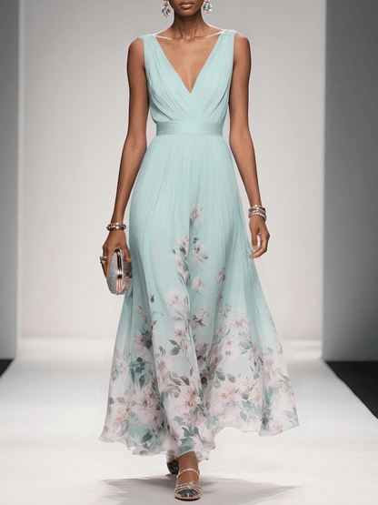 Elegante Vestido Maxi Floral para Mujeres con Escote en V Sin Mangas y Cintura Envolvente, Estilo para Invitadas de Boda