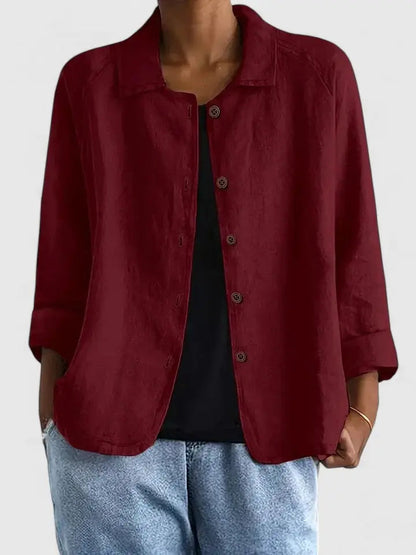 Camisa de Lino con Botones Frontal para Mujeres, Estilo Casual Relajado con Cuello y Manga Larga