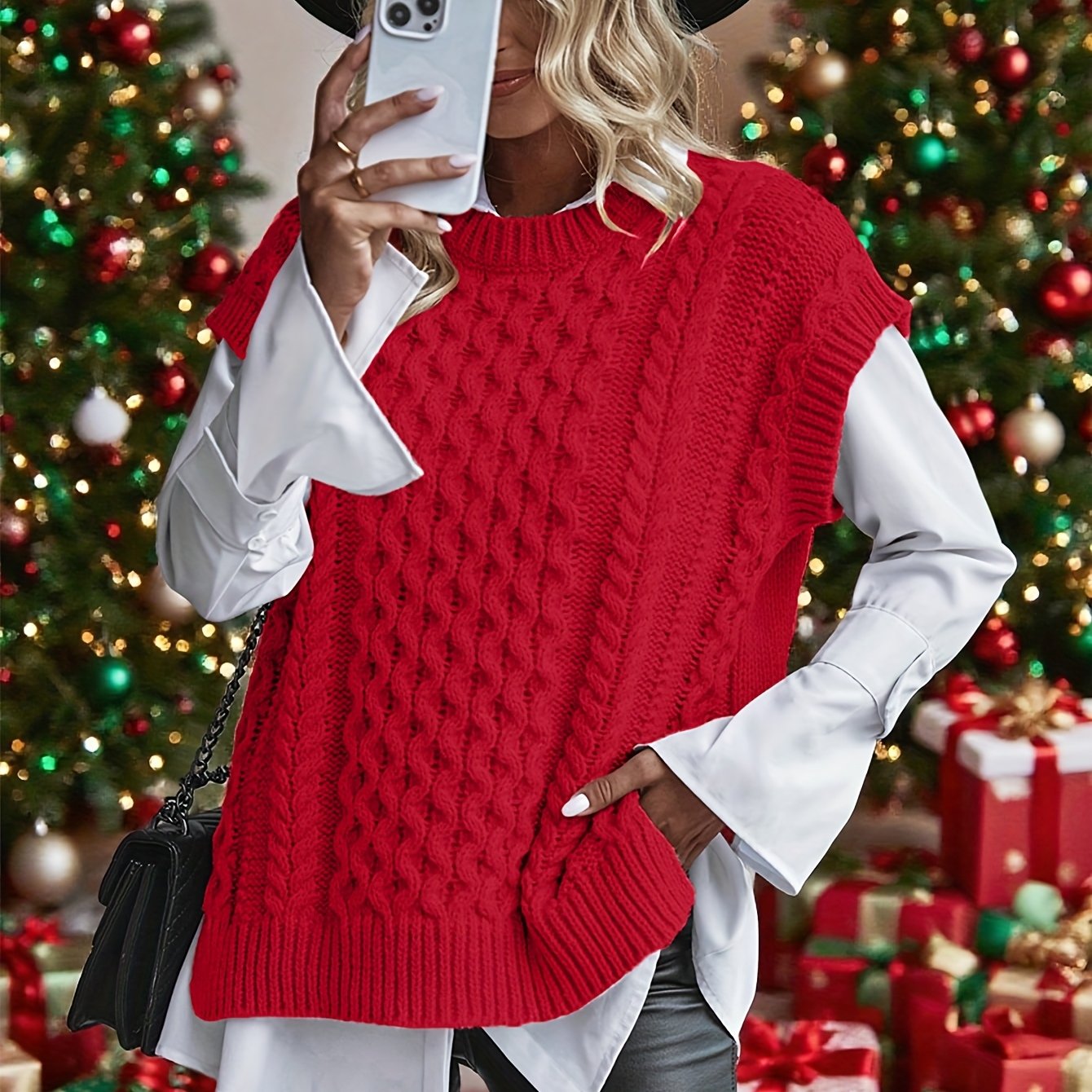 Chaleco de Punto Trenzado Cómodo para Mujeres con Cuello Redondo Sin Mangas Estilo Oversized