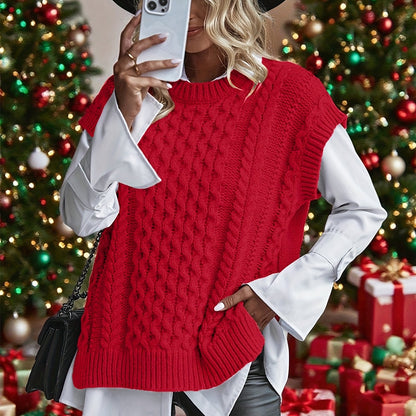 Chaleco de Punto Trenzado Cómodo para Mujeres con Cuello Redondo Sin Mangas Estilo Oversized