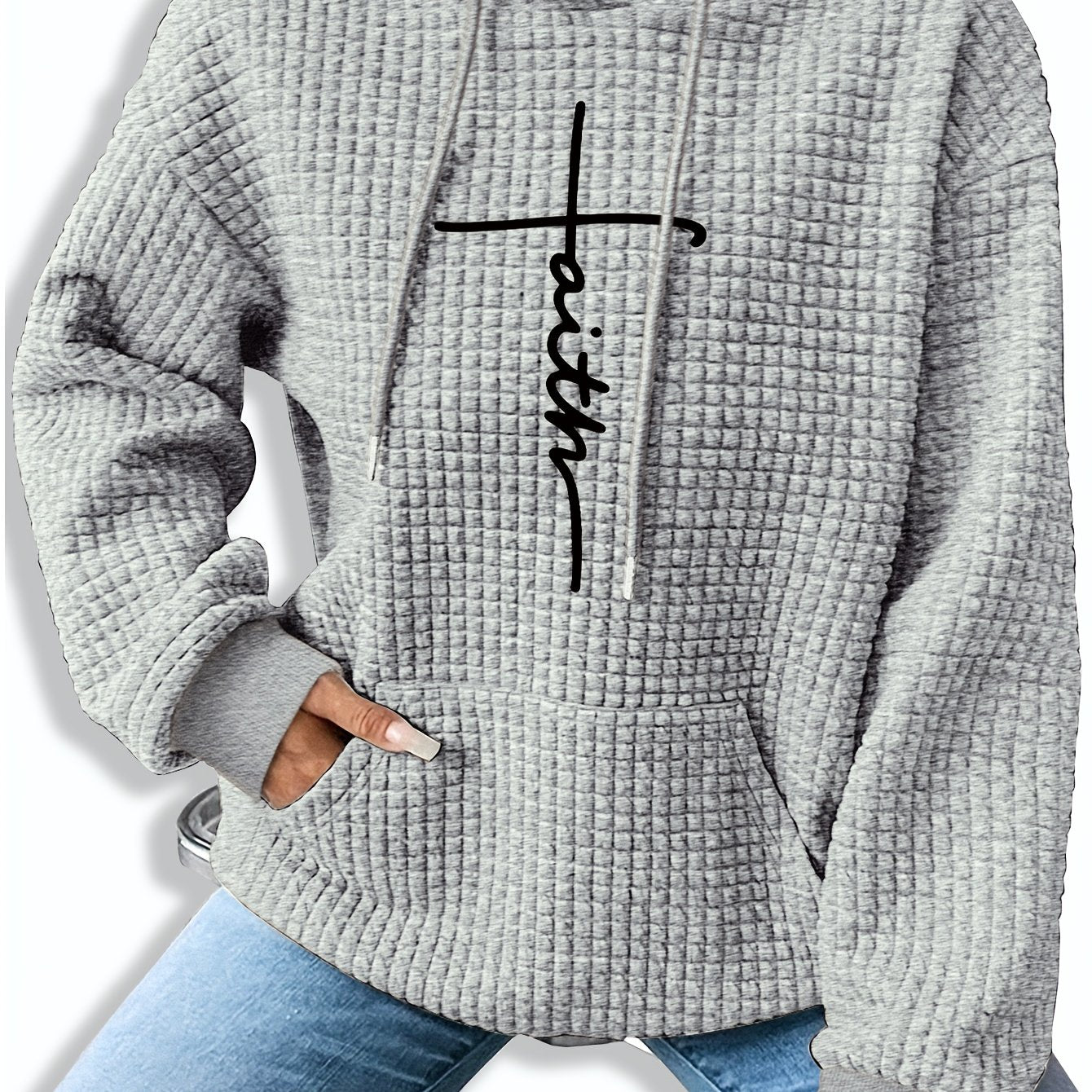 Sudadera gráfica de punto waffle cómoda para mujeres con capucha ajustable, de manga larga y estilo oversized