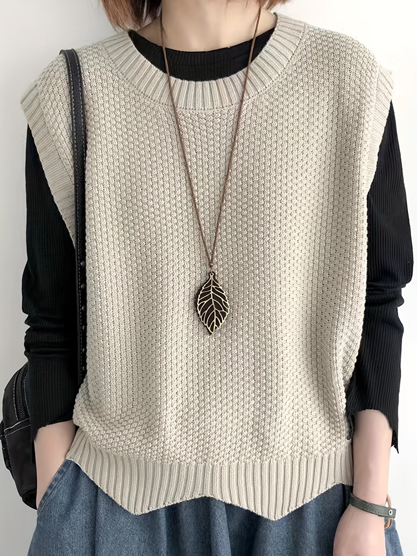 Chaleco de Suéter de Punto Grueso Cómodo para Mujeres con Cuello Redondo Sin Mangas Estilo Relajado y Oversized