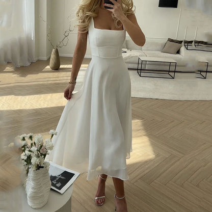 Vestido Midi Elegante de Chiffon para Mujeres con Escote Cuadrado Sin Mangas Estilo A Linea Fluyente