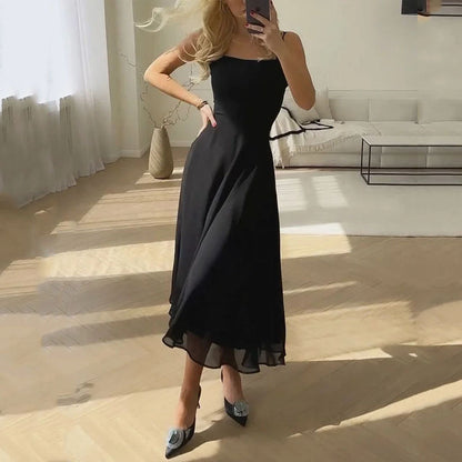 Vestido Midi Elegante de Chiffon para Mujeres con Escote Cuadrado Sin Mangas Estilo A Linea Fluyente