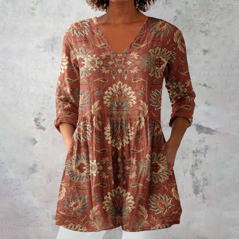 Túnica Bohemia de Paisley en Óxido para Mujeres con Escote en V y Mangas de Codo