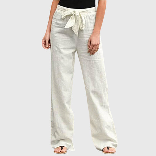Pantalones de Lino Anchos para Mujeres con Cintura Alta y Cuerda Ajustable, Estilo Casual Relajado