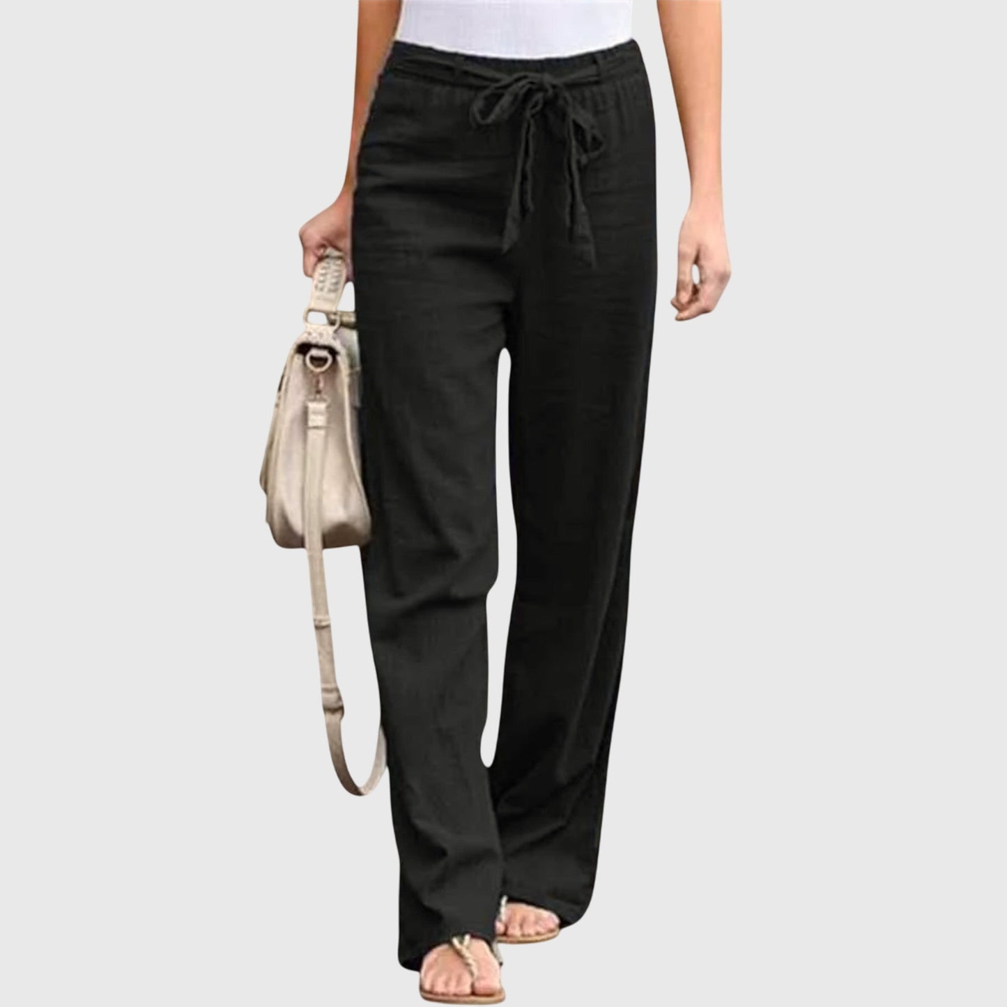 Pantalones de Lino Anchos para Mujeres con Cintura Alta y Cuerda Ajustable, Estilo Casual Relajado