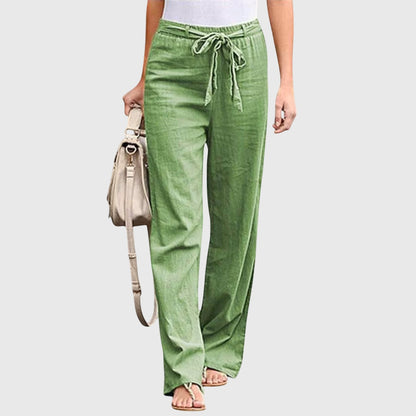 Pantalones de Lino Anchos para Mujeres con Cintura Alta y Cuerda Ajustable, Estilo Casual Relajado