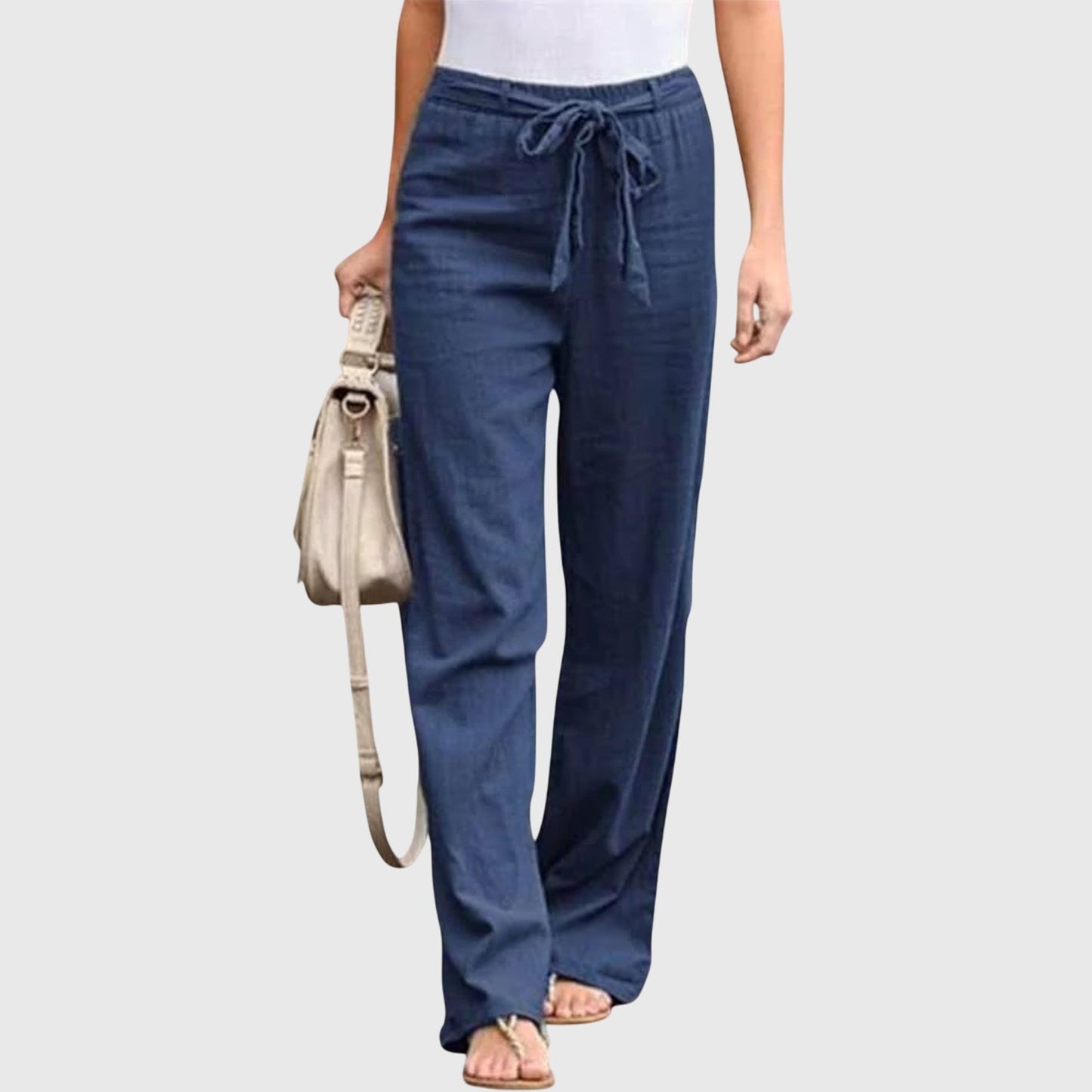 Pantalones de Lino Anchos para Mujeres con Cintura Alta y Cuerda Ajustable, Estilo Casual Relajado