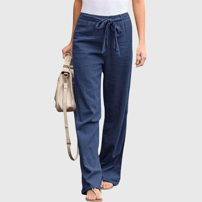 Pantalones de Lino Anchos para Mujeres con Cintura Alta y Cuerda Ajustable, Estilo Casual Relajado
