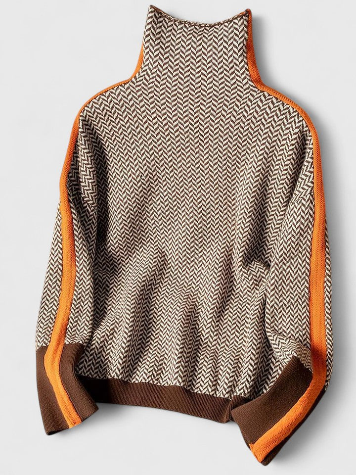Suéter de Punto en Espiga Cómodo para Mujeres con Cuello Alto, Manga Larga, Estilo Oversized y a Rayas