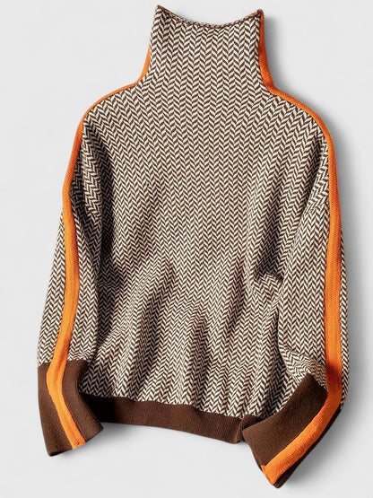 Suéter de Punto en Espiga Cómodo para Mujeres con Cuello Alto, Manga Larga, Estilo Oversized y a Rayas