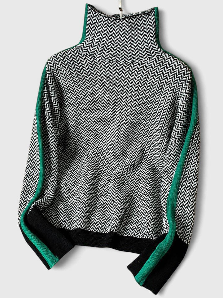 Suéter de Punto en Espiga Cómodo para Mujeres con Cuello Alto, Manga Larga, Estilo Oversized y a Rayas
