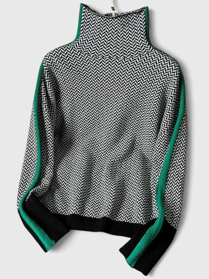 Suéter de Punto en Espiga Cómodo para Mujeres con Cuello Alto, Manga Larga, Estilo Oversized y a Rayas