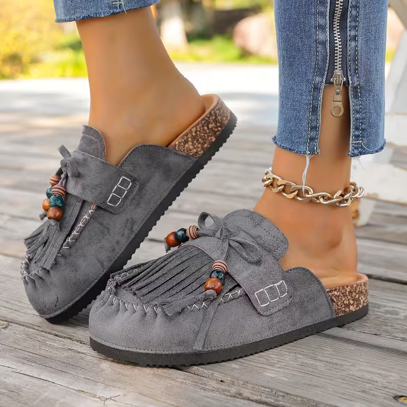 Mules Elegantes para Mujeres con Flecos, Borlas, Cuentas y Estilo Mocasín Slip On