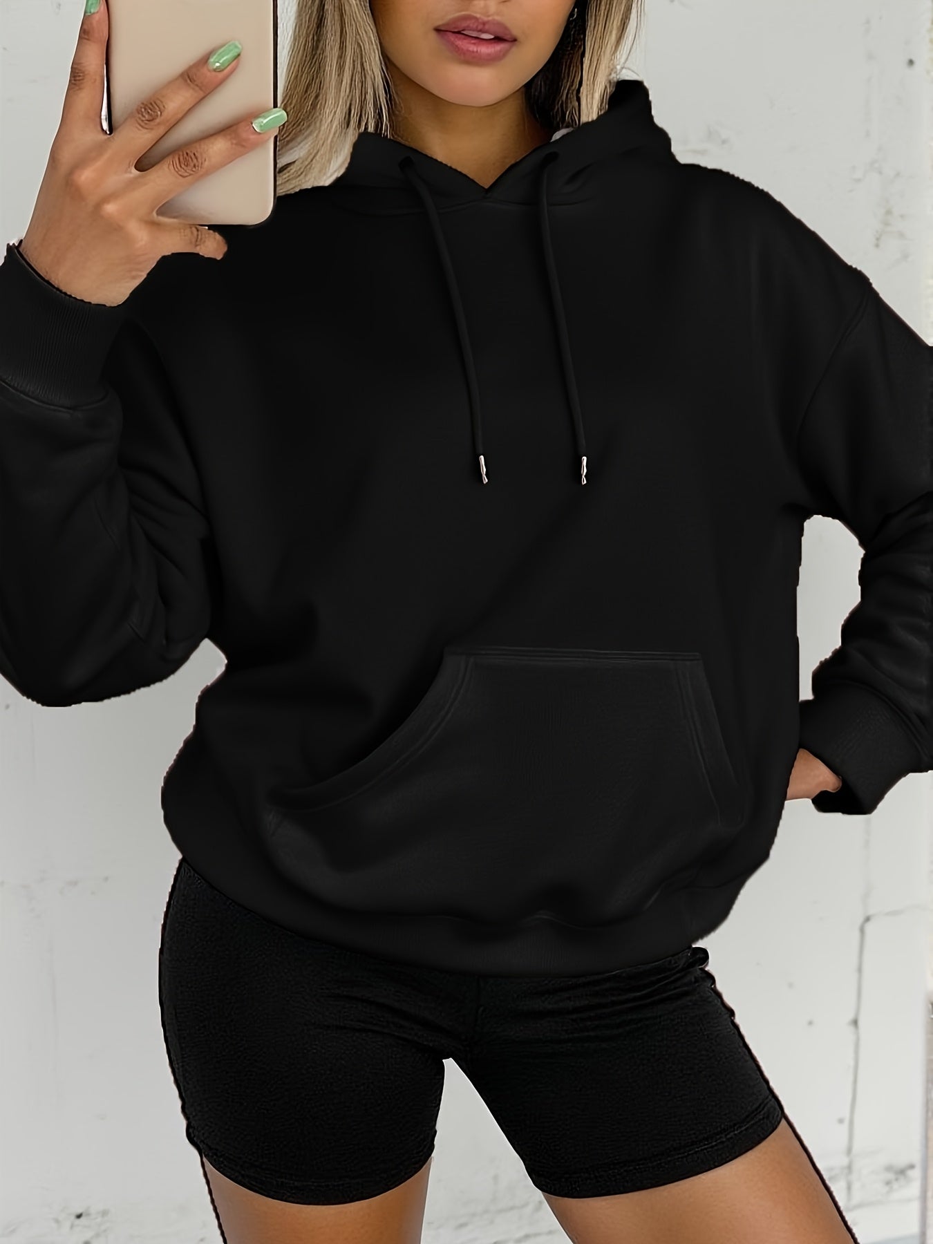 Sudadera de Forro Polar Cómoda para Mujeres con Capucha Ajustable, Manga Larga, Bolsillo Canguro, Estilo Oversized