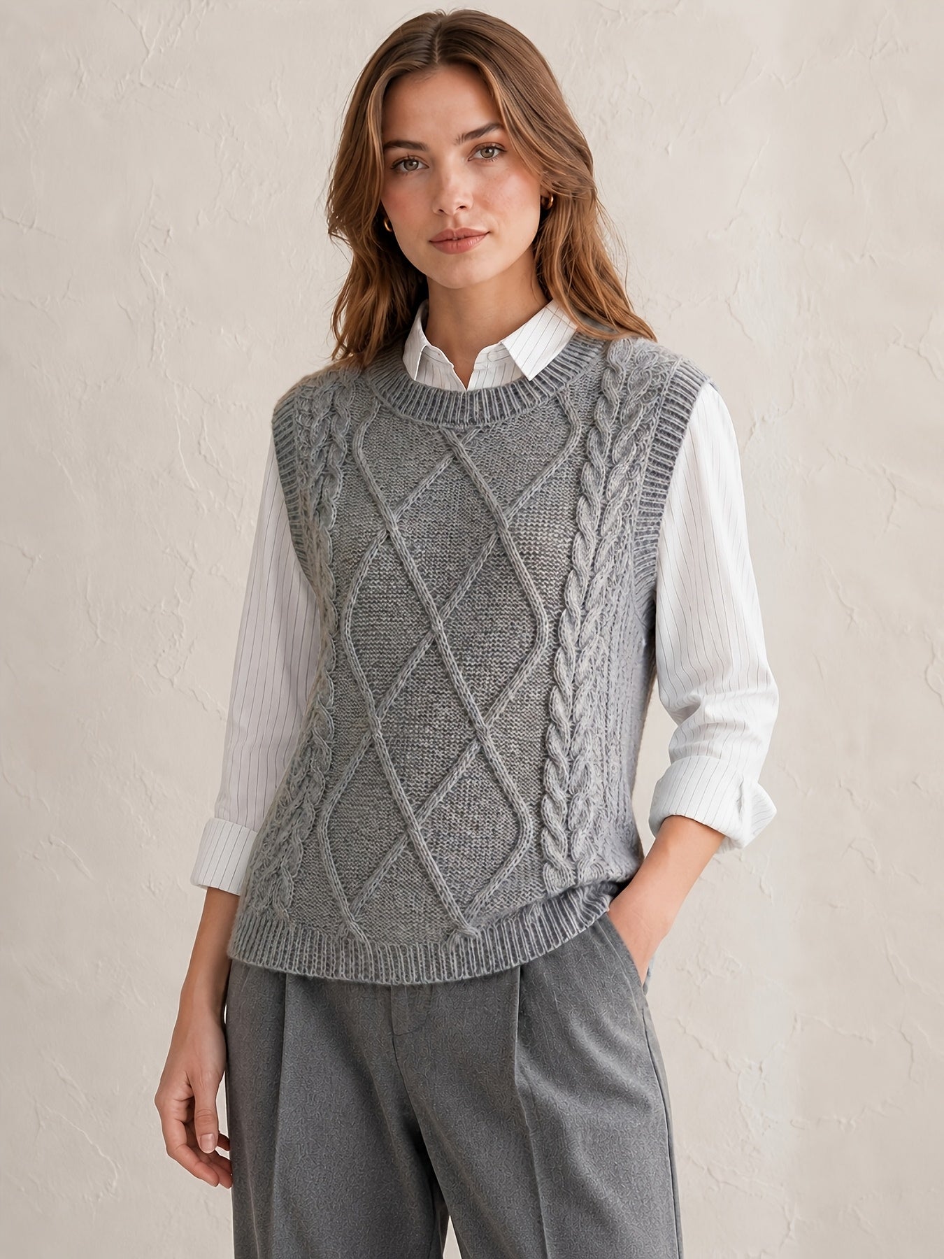 Chaleco de Punto de Cable Cómodo para Mujeres con Cuello Redondo Sin Mangas Estilo Preppy Relajado