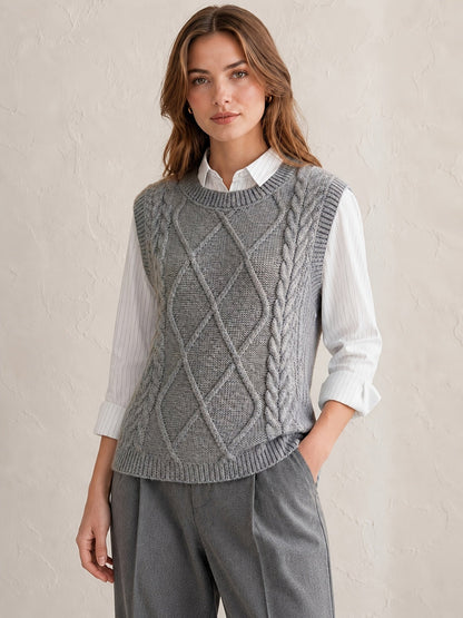 Chaleco de Punto de Cable Cómodo para Mujeres con Cuello Redondo Sin Mangas Estilo Preppy Relajado
