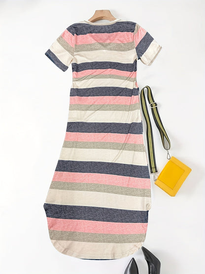 Vestido Maxi Rayado Sin Esfuerzo para Mujeres con Escote en V, Manga Corta, Abertura Lateral y Estilo Relajado