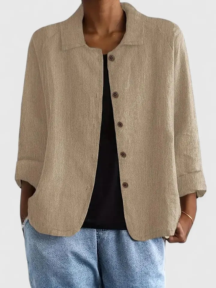 Camisa de Lino con Botones Frontal para Mujeres, Estilo Casual Relajado con Cuello y Manga Larga